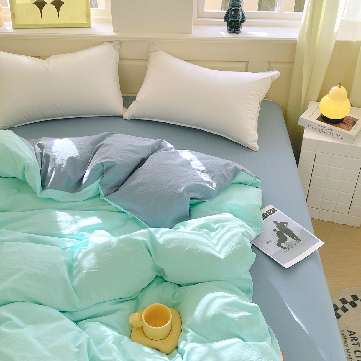 91家纺网 家纺一手货源 找家纺 春皖家纺 2026春夏新款双拼全棉水洗棉单被套被套单件单品被套 水蓝-天蓝