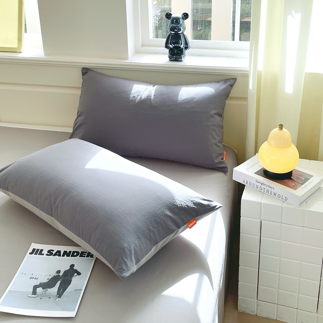 91家纺网 家纺一手货源 找家纺 春皖家纺 2026春夏新款双拼全棉水洗棉单枕套枕套单件单品枕套 深灰-浅灰