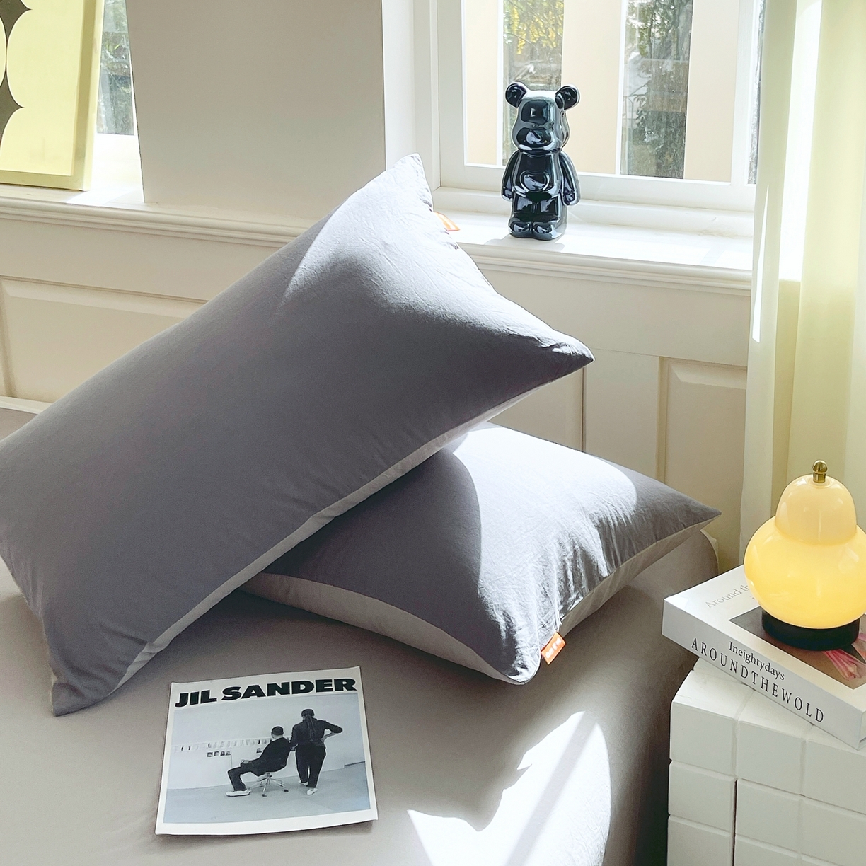 91家纺网 家纺一手货源 找家纺 春皖家纺 2026春夏新款双拼全棉水洗棉单枕套枕套单件单品枕套 深灰-浅灰