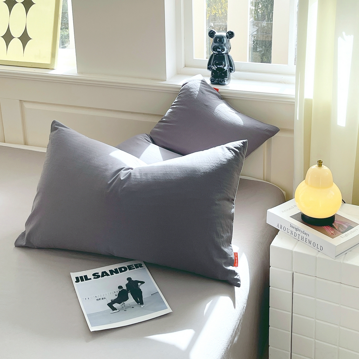 91家纺网 家纺一手货源 找家纺 春皖家纺 2026春夏新款双拼全棉水洗棉单枕套枕套单件单品枕套 深灰-浅灰