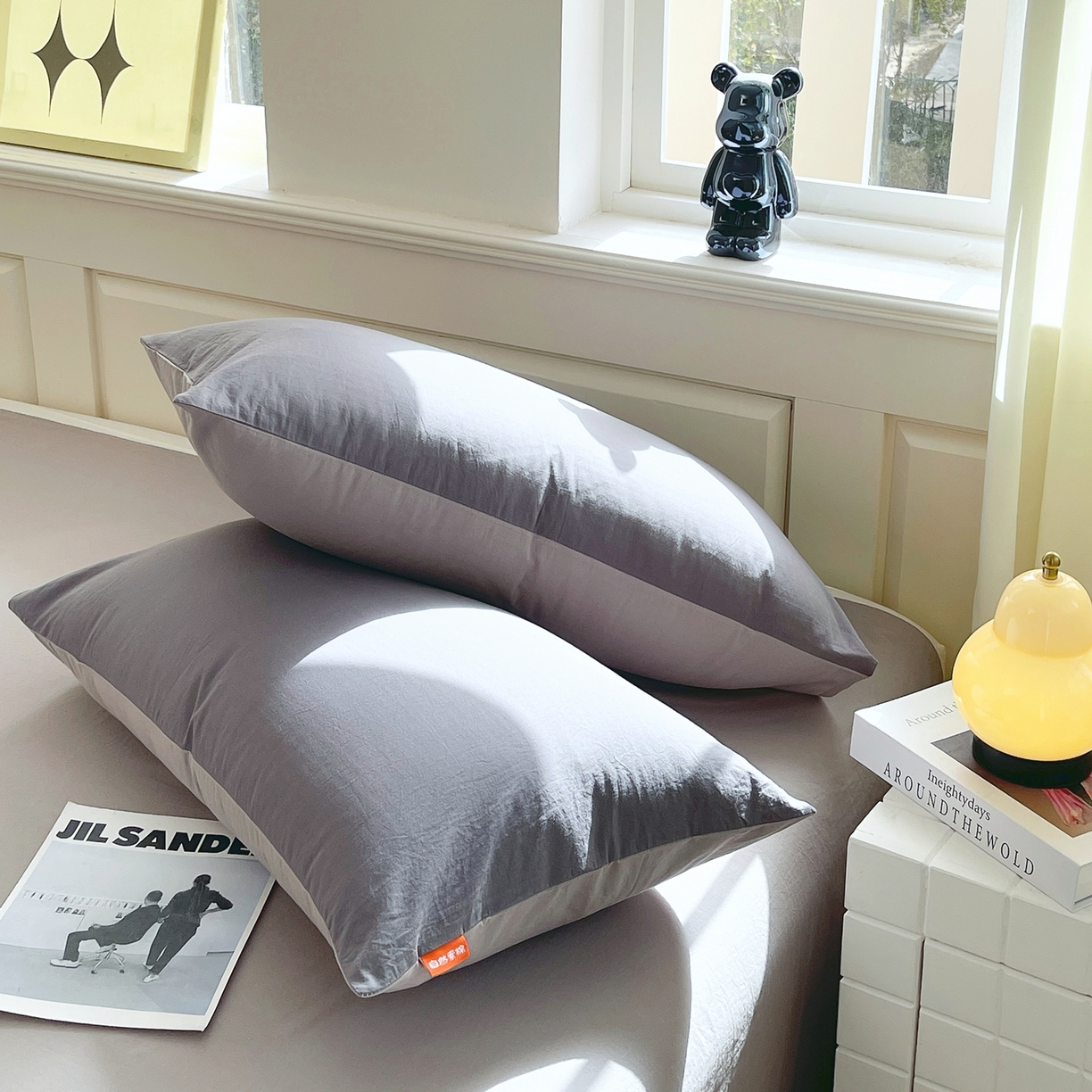 91家纺网 家纺一手货源 找家纺 春皖家纺 2026春夏新款双拼全棉水洗棉单枕套枕套单件单品枕套 深灰-浅灰