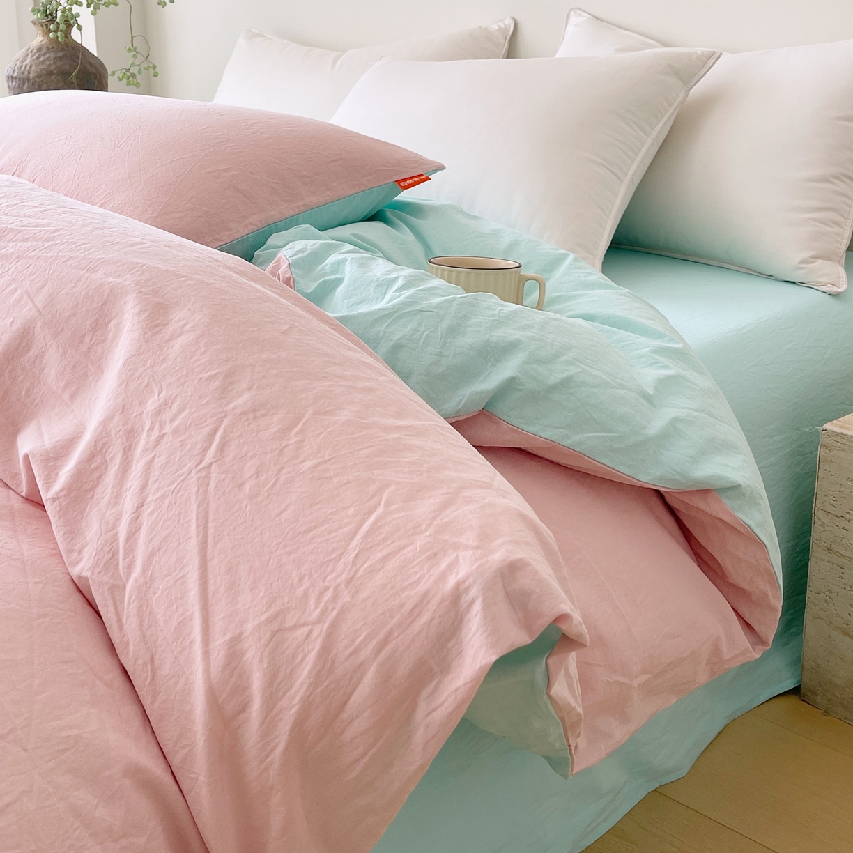 91家纺网 家纺一手货源 找家纺 春皖家纺 2026春夏新款双拼全棉水洗棉单被套被套单件单品被套 樱花粉-翠兰