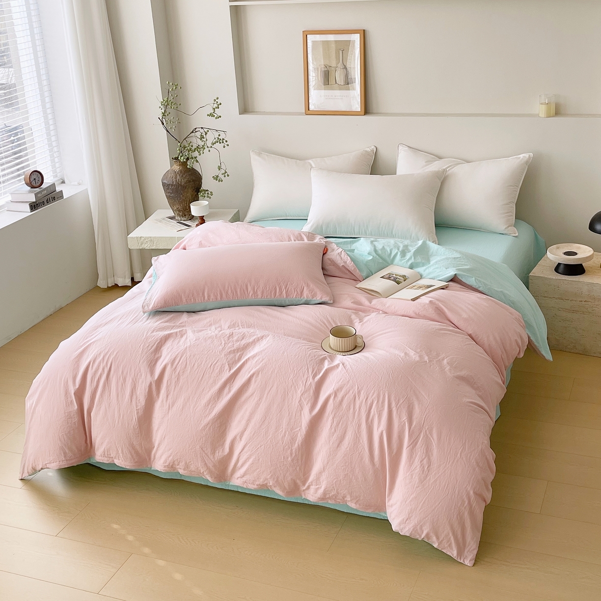 91家纺网 家纺一手货源 找家纺 春皖家纺 2026春夏新款双拼全棉水洗棉单被套被套单件单品被套 樱花粉-翠兰