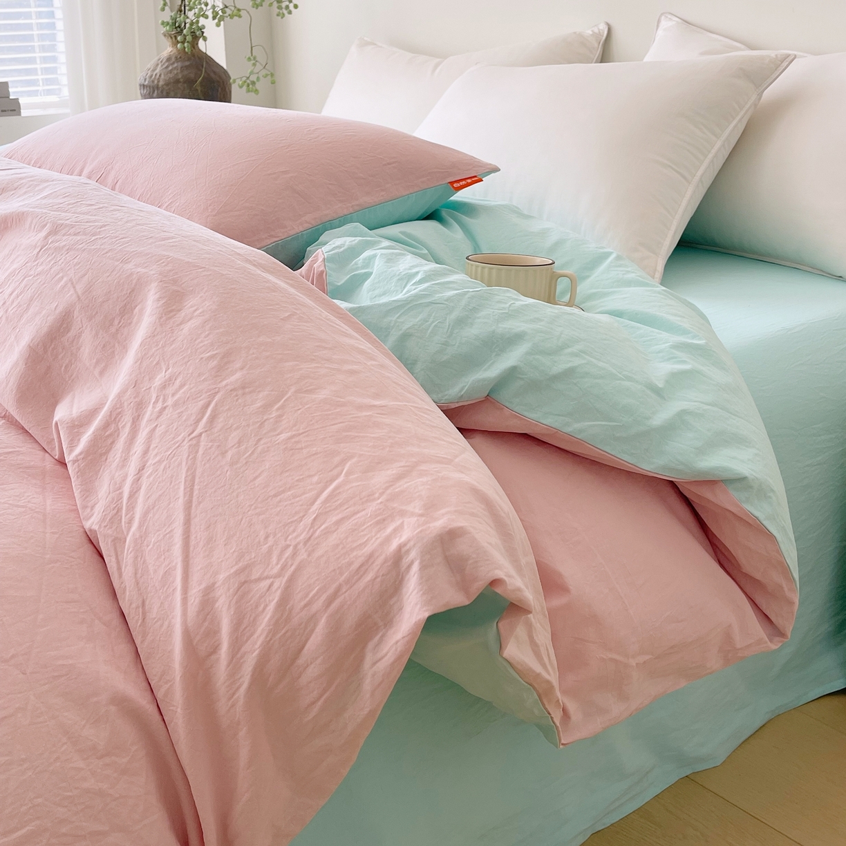 91家纺网 家纺一手货源 找家纺 春皖家纺 2026春夏新款双拼全棉水洗棉单被套被套单件单品被套 樱花粉-翠兰