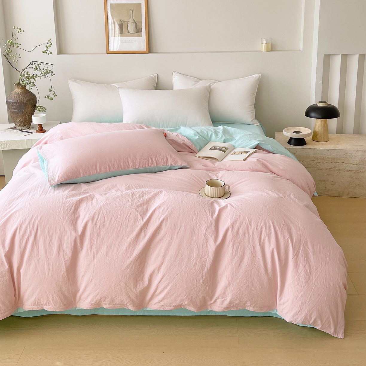 91家纺网 家纺一手货源 找家纺 春皖家纺 2026春夏新款双拼全棉水洗棉单被套被套单件单品被套 樱花粉-翠兰