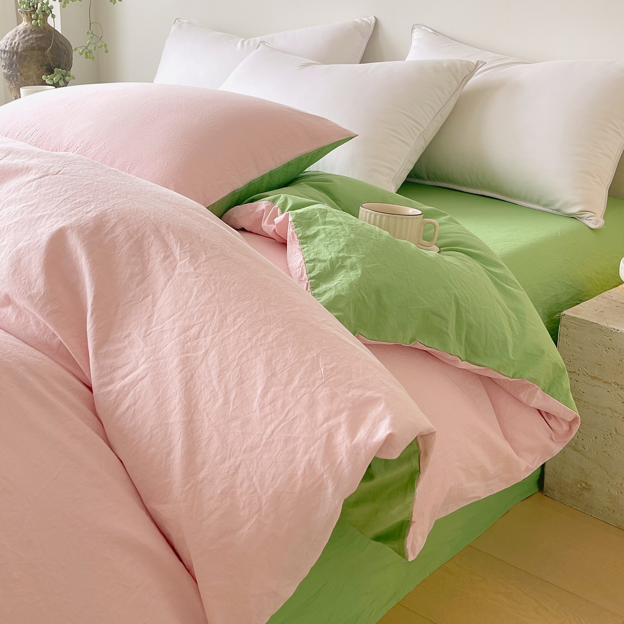 91家纺网 家纺一手货源 找家纺 春皖家纺 2026春夏新款双拼全棉水洗棉单被套被套单件单品被套 樱花粉-青草绿