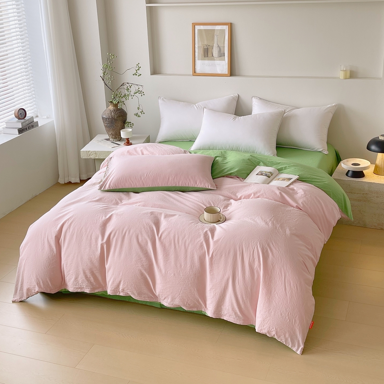 91家纺网 家纺一手货源 找家纺 春皖家纺 2026春夏新款双拼全棉水洗棉单被套被套单件单品被套 樱花粉-青草绿