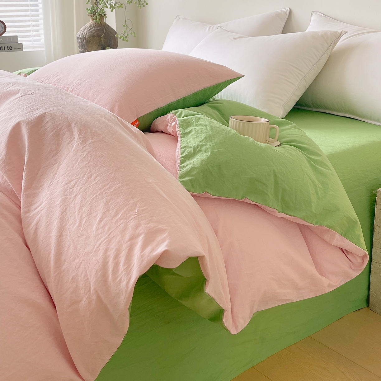 91家纺网 家纺一手货源 找家纺 春皖家纺 2026春夏新款双拼全棉水洗棉单被套被套单件单品被套 樱花粉-青草绿