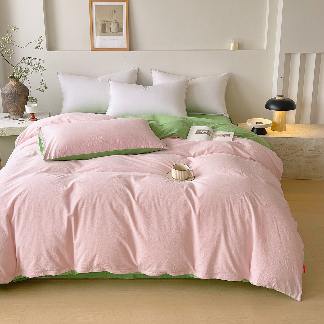 91家纺网 家纺一手货源 找家纺 春皖家纺 2026春夏新款双拼全棉水洗棉单被套被套单件单品被套 樱花粉-青草绿