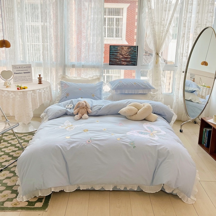 91家纺网 家纺一手货源 找家纺 （总）玉相逢 2026新款全棉水洗棉绣花四件套-蝴蝶夫人系列（棚拍图）