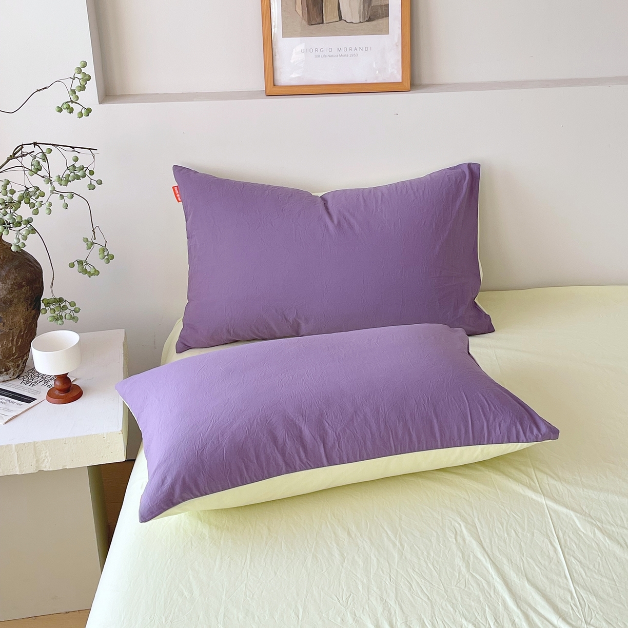 91家纺网 家纺一手货源 找家纺 春皖家纺 2026春夏新款双拼全棉水洗棉单枕套枕套单件单品枕套 水晶紫-淡黄