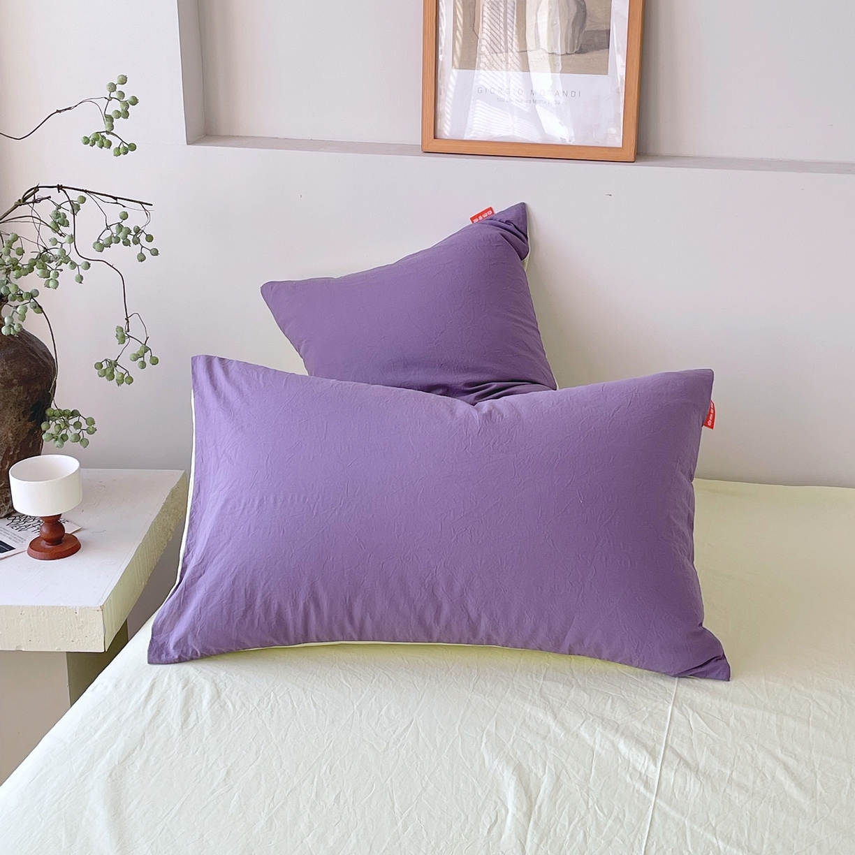 91家纺网 家纺一手货源 找家纺 春皖家纺 2026春夏新款双拼全棉水洗棉单枕套枕套单件单品枕套 水晶紫-淡黄