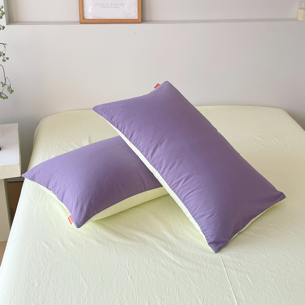 91家纺网 家纺一手货源 找家纺 春皖家纺 2026春夏新款双拼全棉水洗棉单枕套枕套单件单品枕套 水晶紫-淡黄