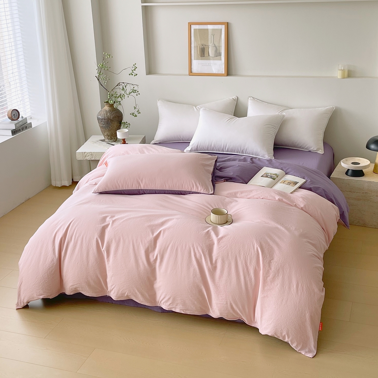 91家纺网 家纺一手货源 找家纺 春皖家纺 2026春夏新款双拼全棉水洗棉单被套被套单件单品被套 樱花粉-水晶紫