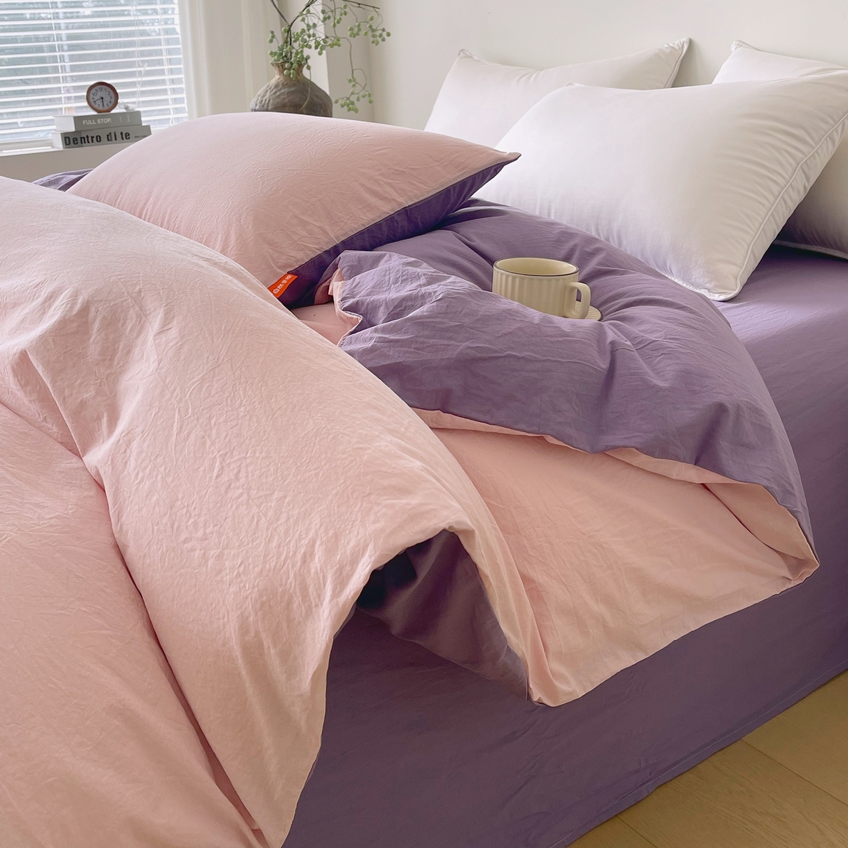 91家纺网 家纺一手货源 找家纺 春皖家纺 2026春夏新款双拼全棉水洗棉单被套被套单件单品被套 樱花粉-水晶紫