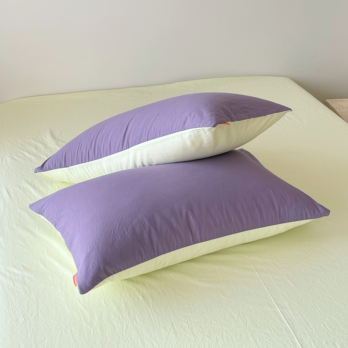 91家纺网 家纺一手货源 找家纺 春皖家纺 2026春夏新款双拼全棉水洗棉单枕套枕套单件单品枕套 水晶紫-淡黄