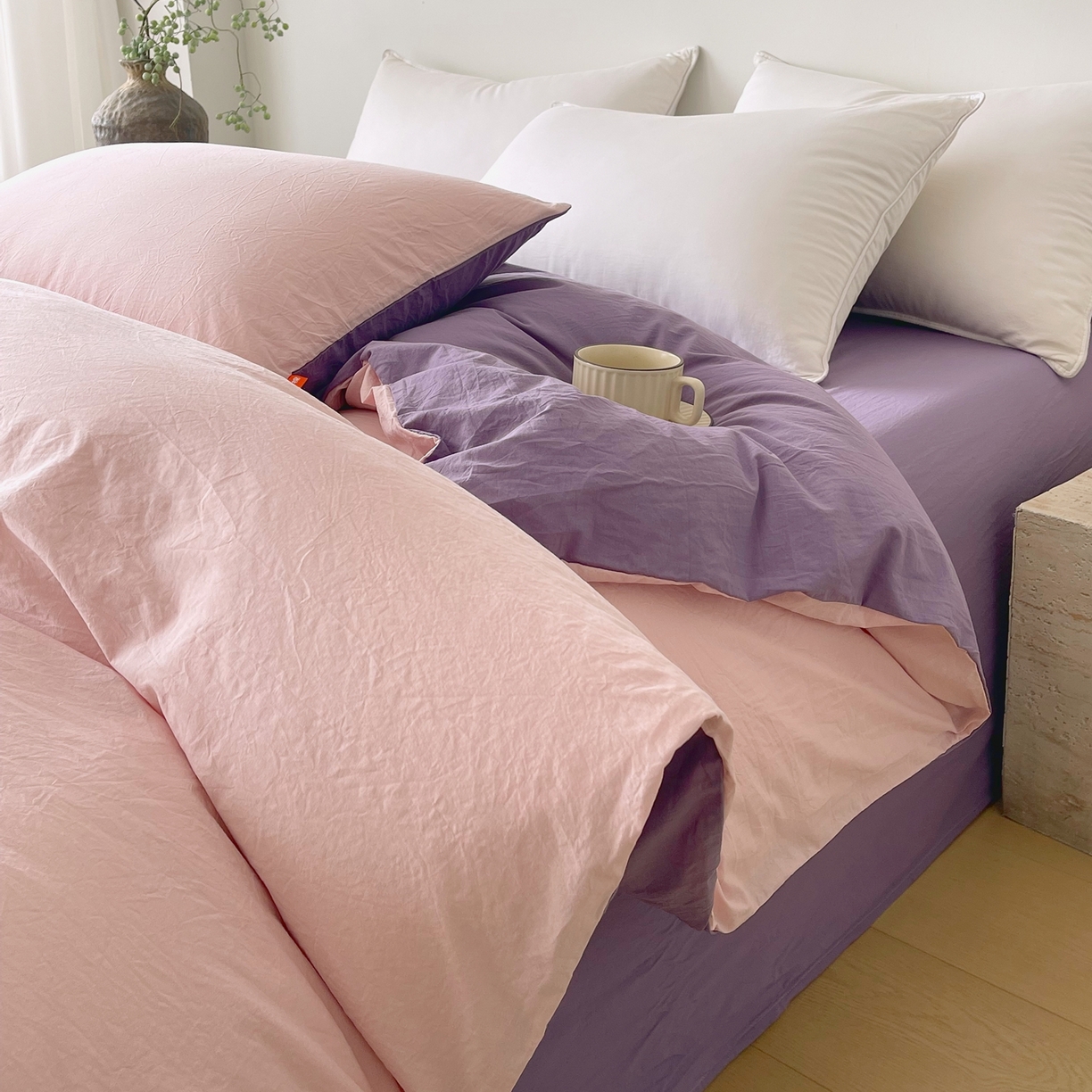 91家纺网 家纺一手货源 找家纺 春皖家纺 2026春夏新款双拼全棉水洗棉单被套被套单件单品被套 樱花粉-水晶紫