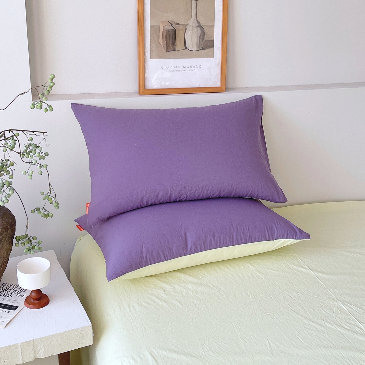 91家纺网 家纺一手货源 找家纺 春皖家纺 2026春夏新款双拼全棉水洗棉单枕套枕套单件单品枕套 水晶紫-淡黄