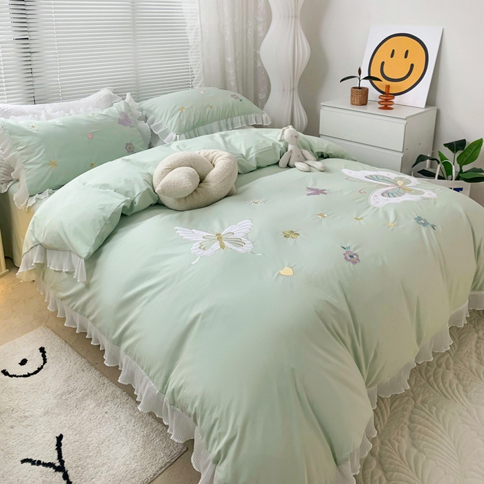 91家纺网 家纺一手货源 找家纺 玉相逢 2026新款全棉水洗棉绣花四件套-蝴蝶夫人系列（棚拍图） 蝴蝶夫人-绿