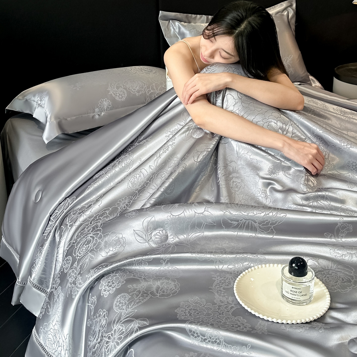 博纳家纺 2026新款轻奢高端色织定位提花拼角镂空款夏被四件套冰丝凉感夏被四件套繁花魅影 绅士灰