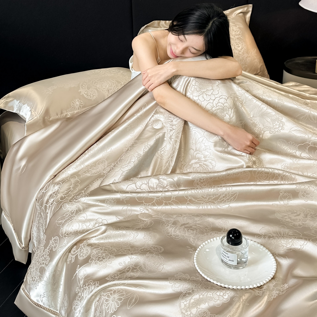 博纳家纺 2026新款轻奢高端色织定位提花拼角镂空款夏被四件套冰丝凉感夏被四件套繁花魅影 香槟