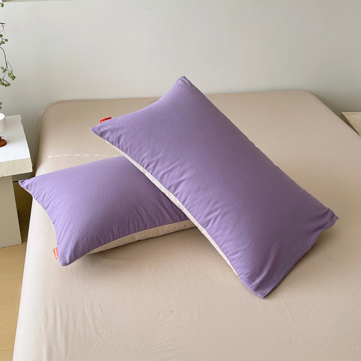 91家纺网 家纺一手货源 找家纺 春皖家纺 2026春夏新款双拼全棉水洗棉单枕套枕套单件单品枕套 水晶紫-卡其