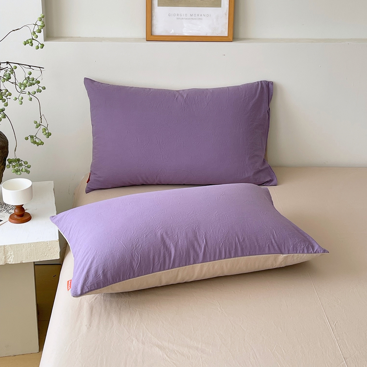 91家纺网 家纺一手货源 找家纺 春皖家纺 2026春夏新款双拼全棉水洗棉单枕套枕套单件单品枕套 水晶紫-卡其