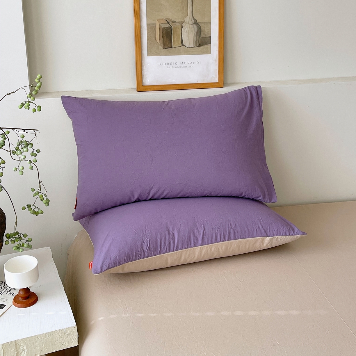 91家纺网 家纺一手货源 找家纺 春皖家纺 2026春夏新款双拼全棉水洗棉单枕套枕套单件单品枕套 水晶紫-卡其