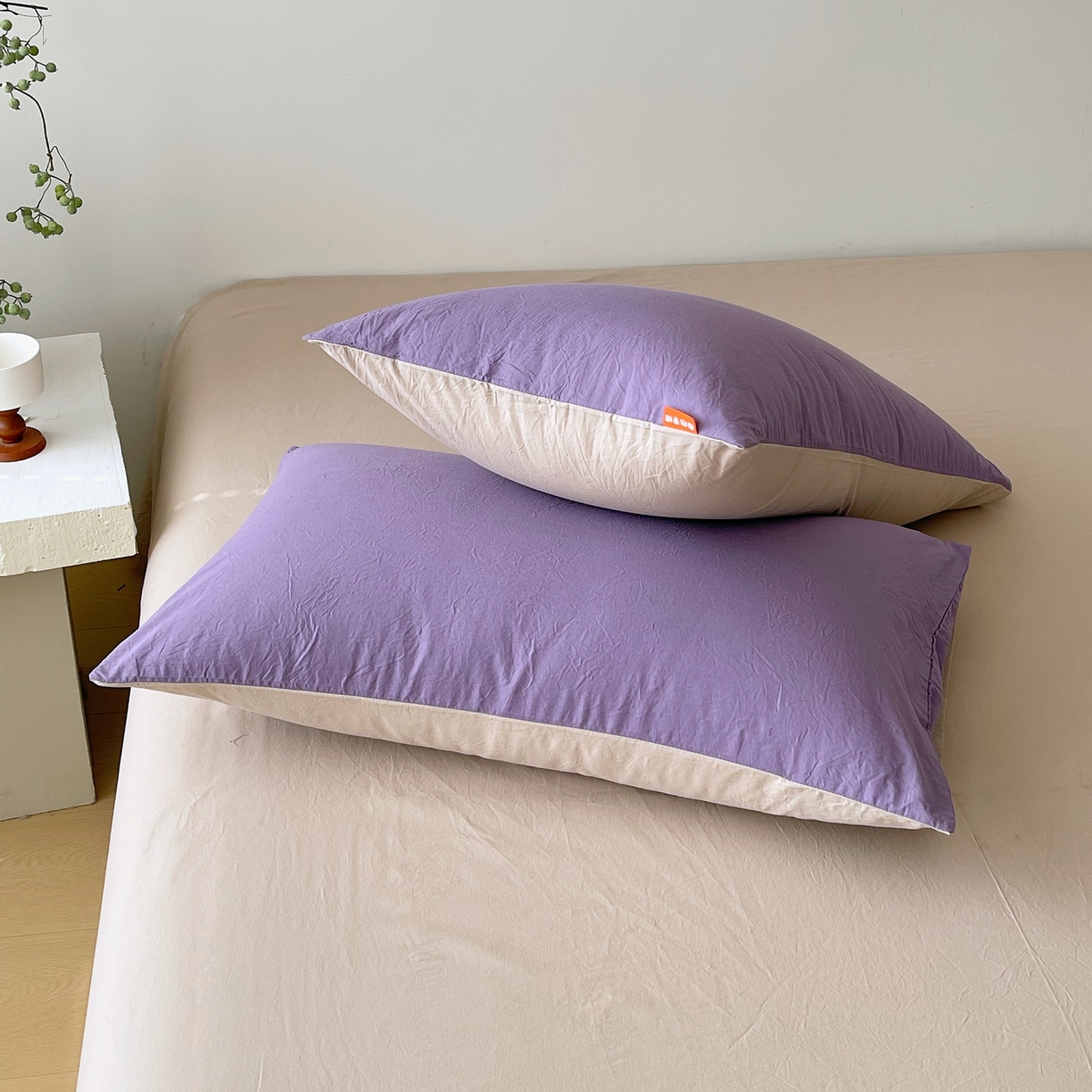 91家纺网 家纺一手货源 找家纺 春皖家纺 2026春夏新款双拼全棉水洗棉单枕套枕套单件单品枕套 水晶紫-卡其