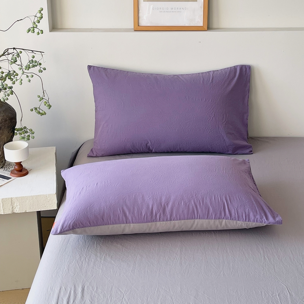 91家纺网 家纺一手货源 找家纺 春皖家纺 2026春夏新款双拼全棉水洗棉单枕套枕套单件单品枕套 水晶紫-浅灰