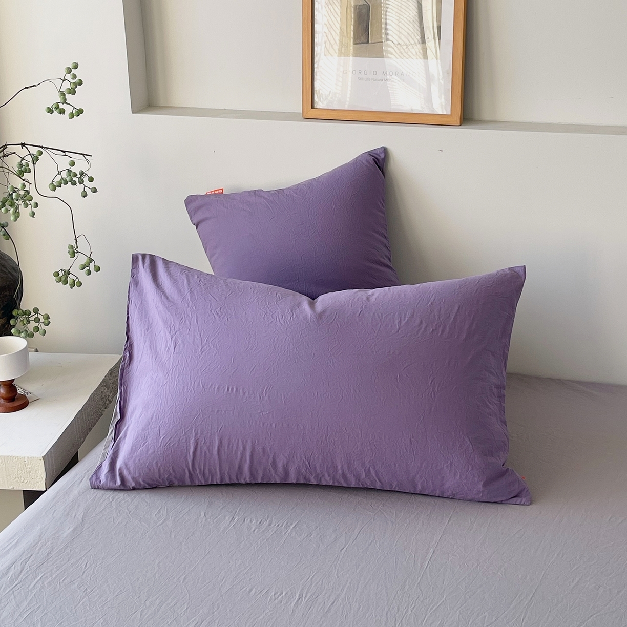 91家纺网 家纺一手货源 找家纺 春皖家纺 2026春夏新款双拼全棉水洗棉单枕套枕套单件单品枕套 水晶紫-浅灰