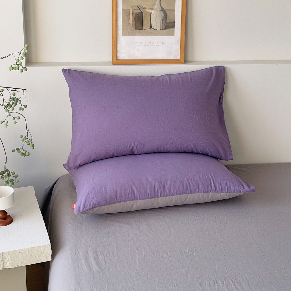 91家纺网 家纺一手货源 找家纺 春皖家纺 2026春夏新款双拼全棉水洗棉单枕套枕套单件单品枕套 水晶紫-浅灰