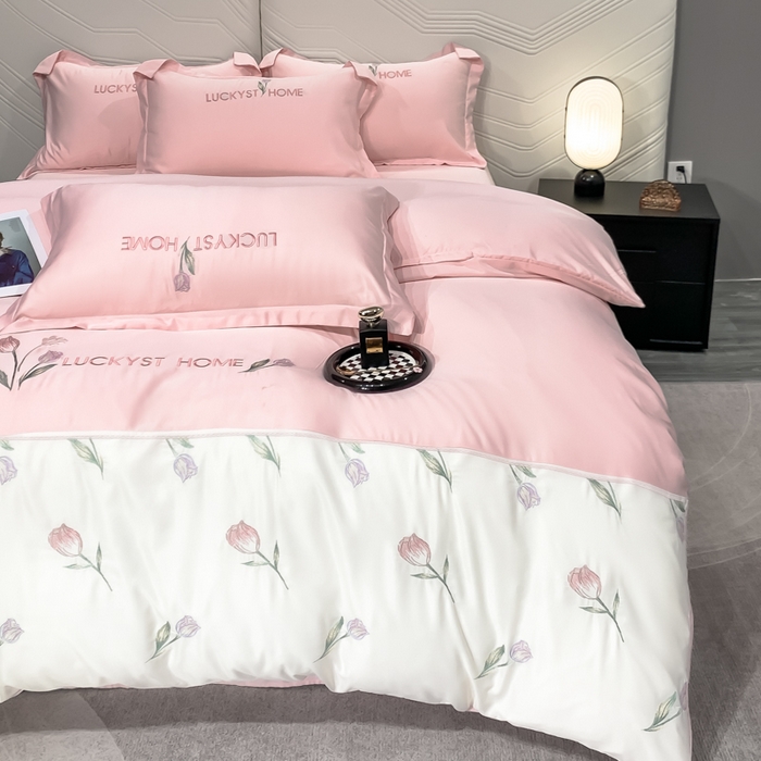 91家纺网 家纺一手货源 找家纺 玉相逢 2026新品天丝双拼刺绣四件套-卡骆驰系列 樱花粉