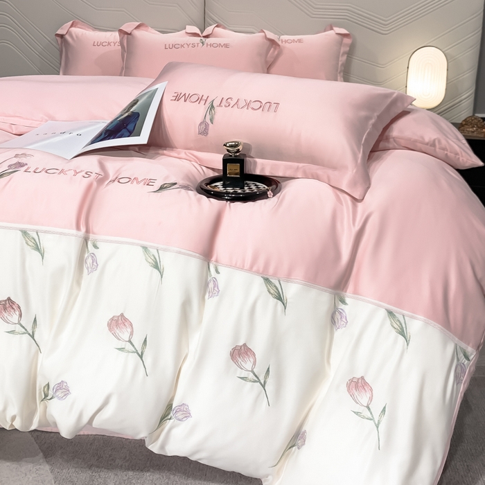 91家纺网 家纺一手货源 找家纺 玉相逢 2026新品天丝双拼刺绣四件套-卡骆驰系列 樱花粉