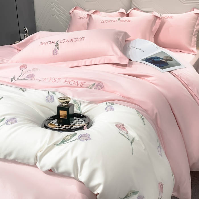 91家纺网 家纺一手货源 找家纺 玉相逢 2026新品天丝双拼刺绣四件套-卡骆驰系列 樱花粉