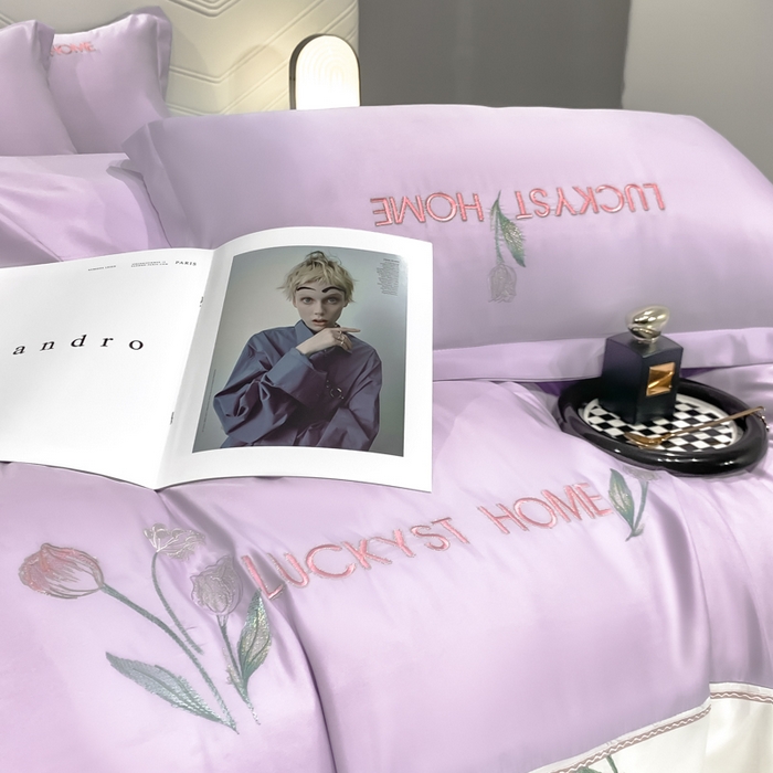 91家纺网 家纺一手货源 找家纺 玉相逢 2026新品天丝双拼刺绣四件套-卡骆驰系列 梦幻紫