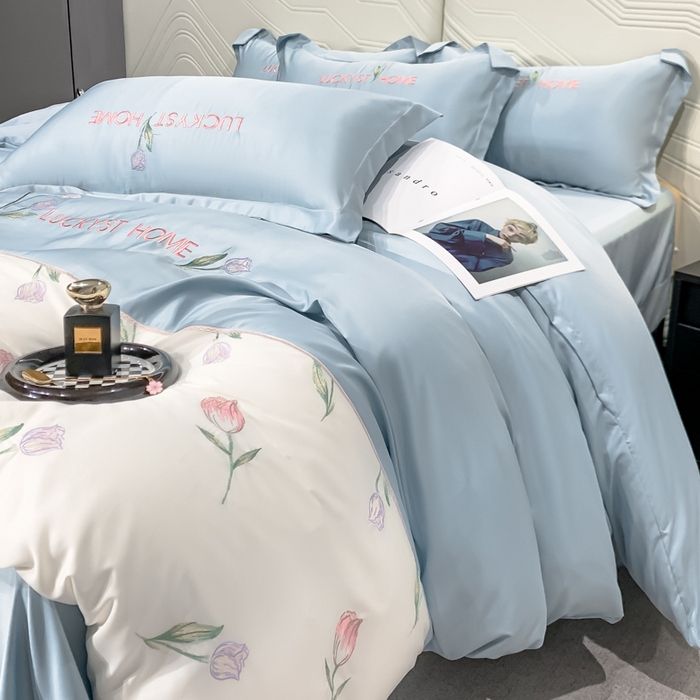 91家纺网 家纺一手货源 找家纺 玉相逢 2026新品天丝双拼刺绣四件套-卡骆驰系列 天空蓝