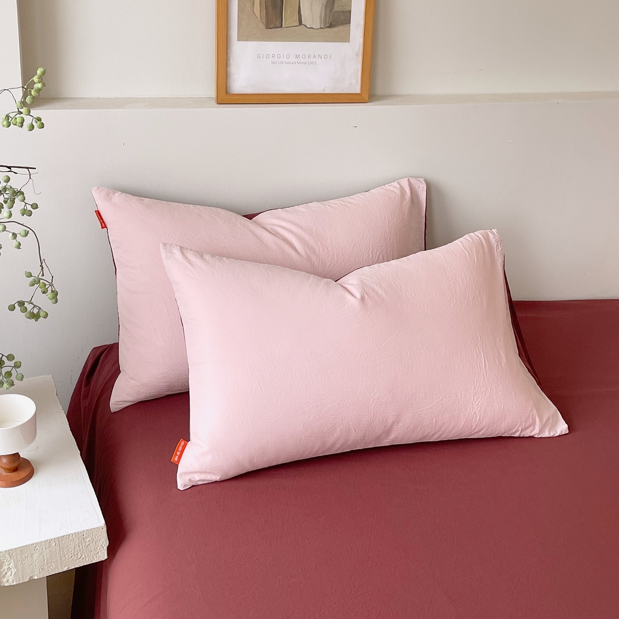 春皖家纺 2026春夏新款双拼全棉水洗棉单枕套枕套单件单品枕套 樱花粉+可可红