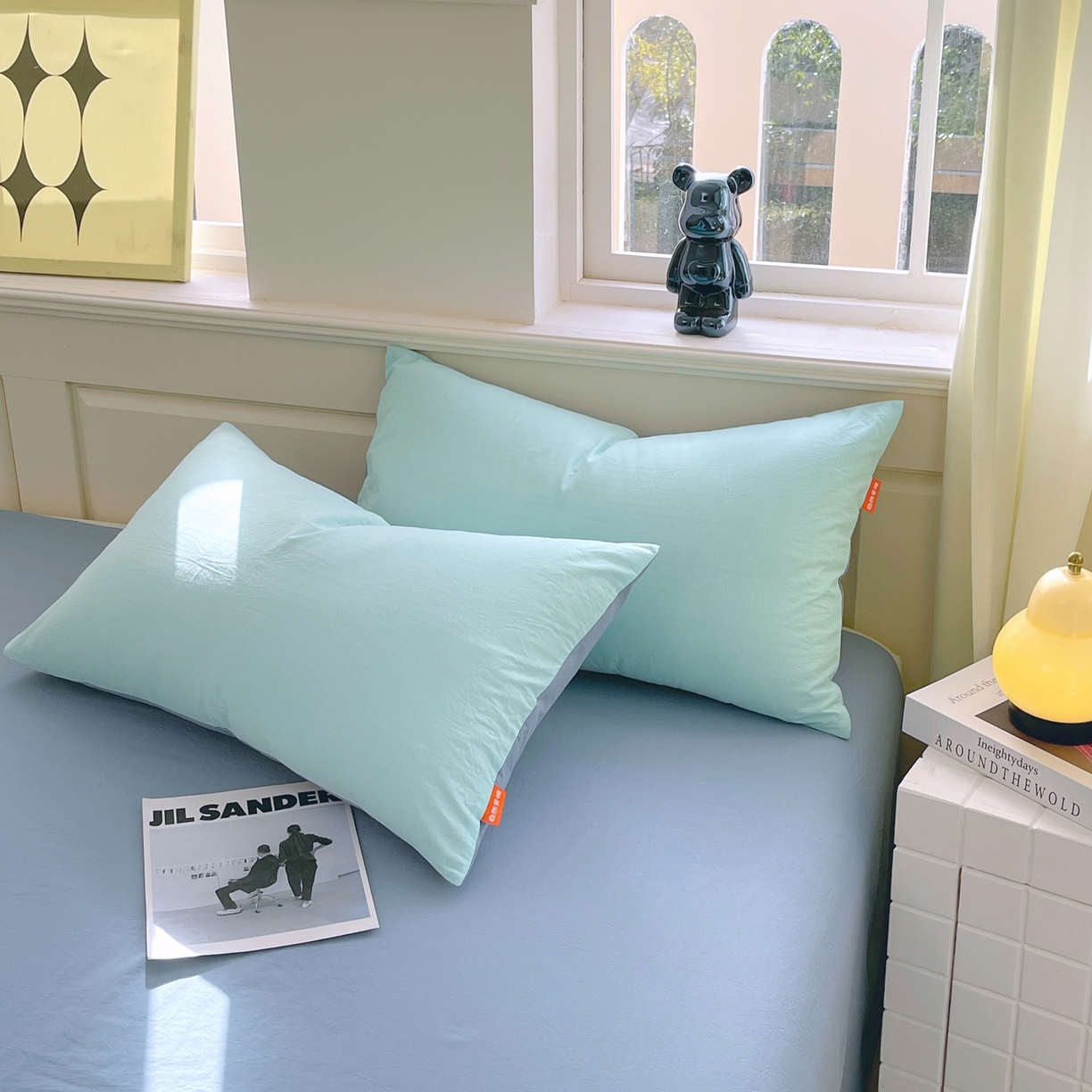 春皖家纺 2026春夏新款双拼全棉水洗棉单枕套枕套单件单品枕套 水蓝-天蓝