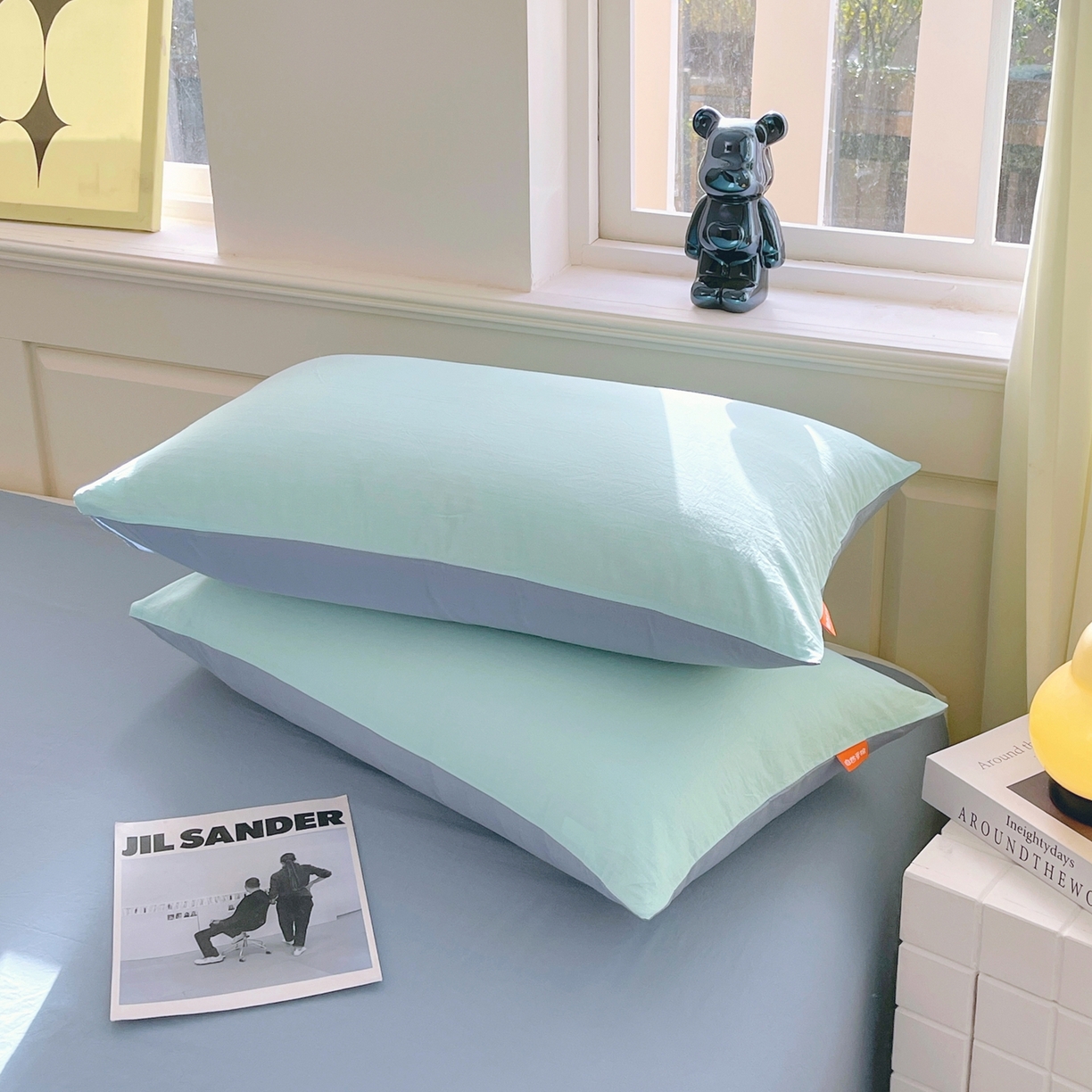 91家纺网 家纺一手货源 找家纺 春皖家纺 2026春夏新款双拼全棉水洗棉单枕套枕套单件单品枕套 水蓝-天蓝