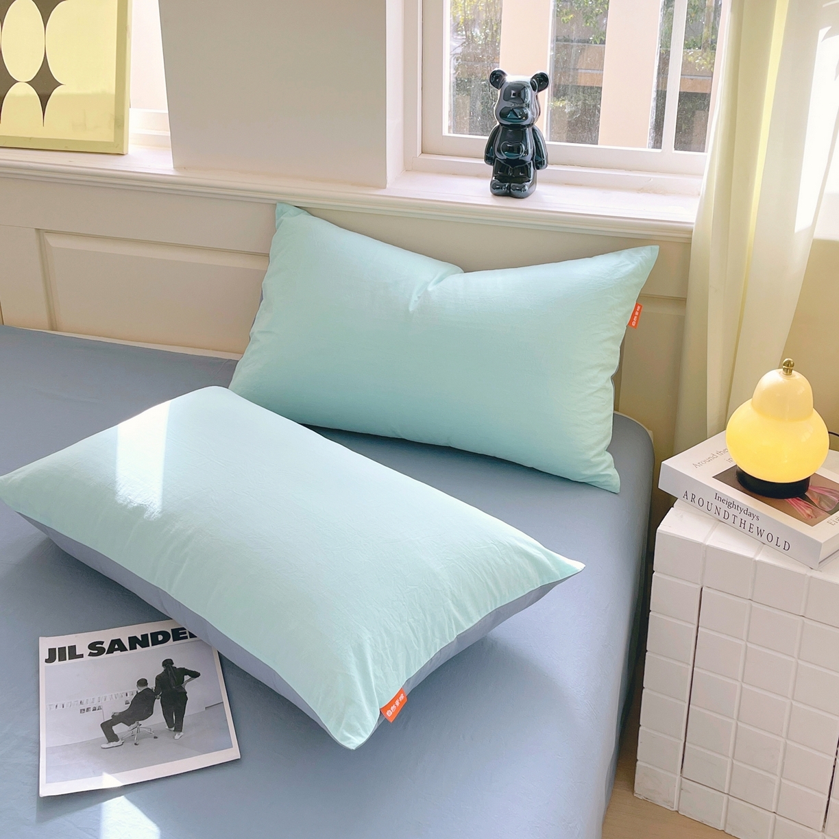 91家纺网 家纺一手货源 找家纺 春皖家纺 2026春夏新款双拼全棉水洗棉单枕套枕套单件单品枕套 水蓝-天蓝