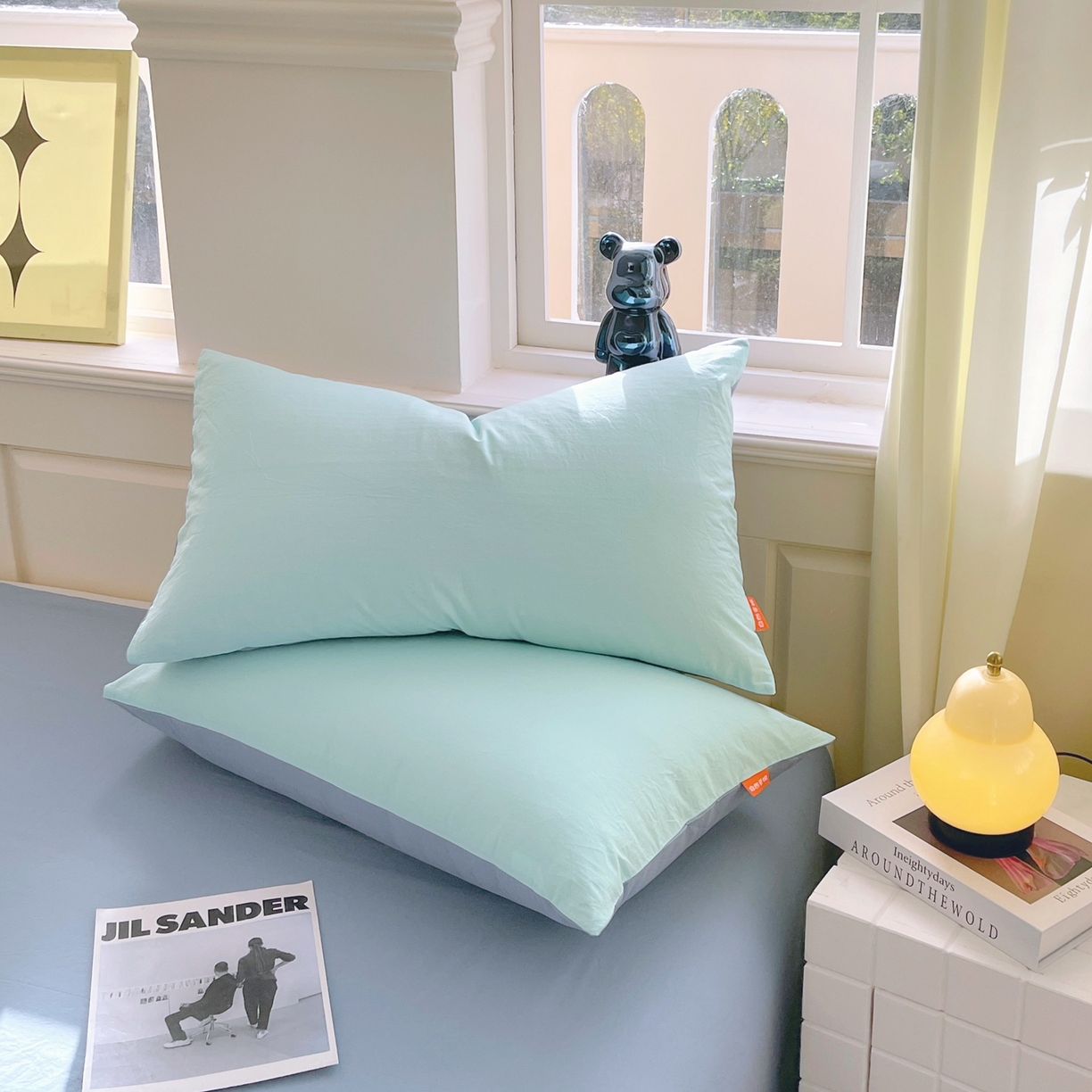 91家纺网 家纺一手货源 找家纺 春皖家纺 2026春夏新款双拼全棉水洗棉单枕套枕套单件单品枕套 水蓝-天蓝