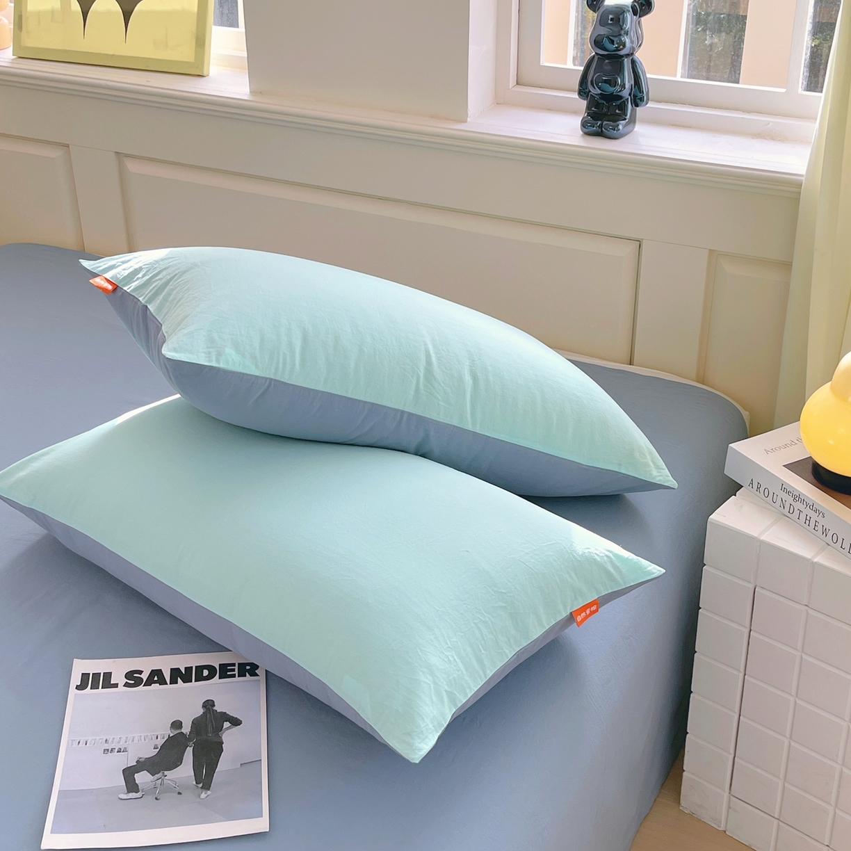 91家纺网 家纺一手货源 找家纺 春皖家纺 2026春夏新款双拼全棉水洗棉单枕套枕套单件单品枕套 水蓝-天蓝