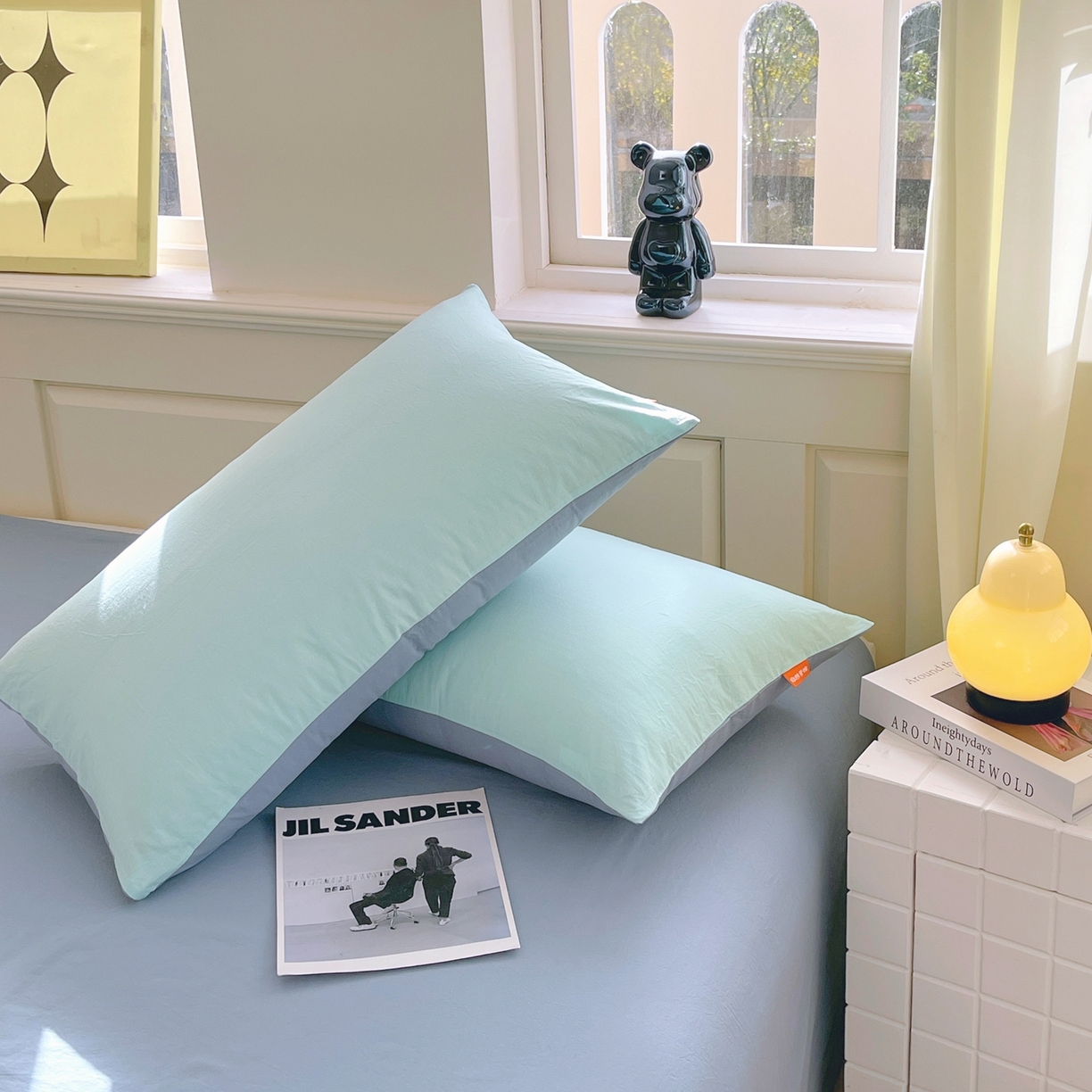 91家纺网 家纺一手货源 找家纺 春皖家纺 2026春夏新款双拼全棉水洗棉单枕套枕套单件单品枕套 水蓝-天蓝