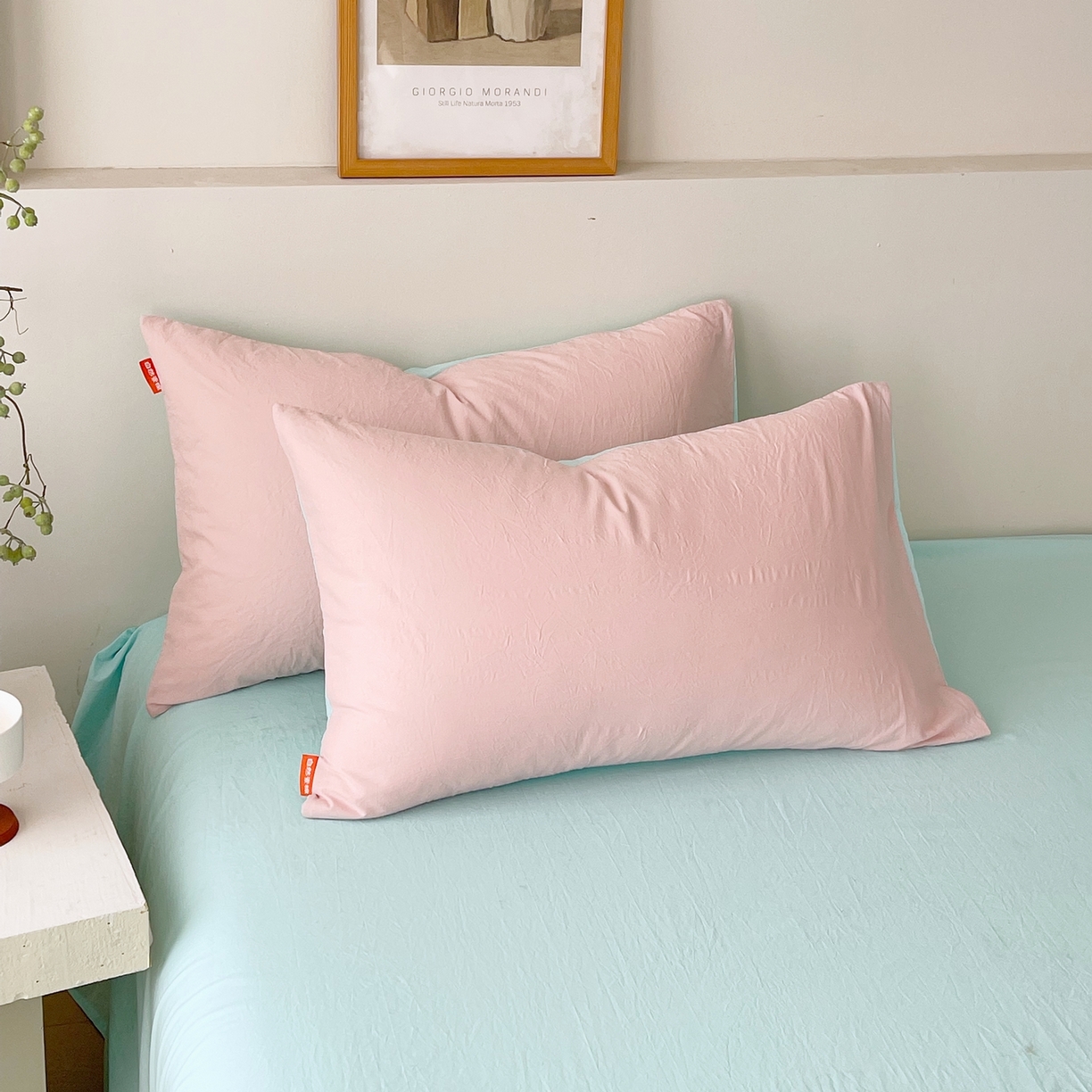 春皖家纺 2026春夏新款双拼全棉水洗棉单枕套枕套单件单品枕套 樱花粉-翠兰