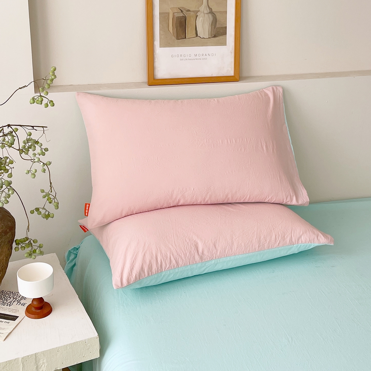 91家纺网 家纺一手货源 找家纺 春皖家纺 2026春夏新款双拼全棉水洗棉单枕套枕套单件单品枕套 樱花粉-翠兰