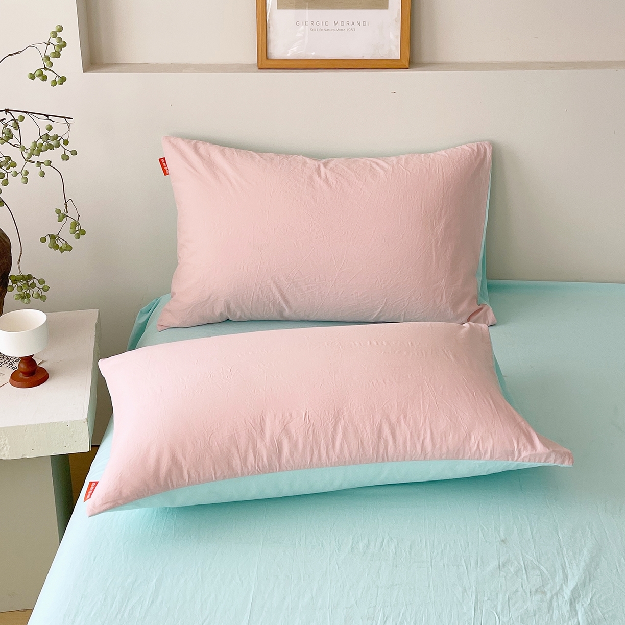 91家纺网 家纺一手货源 找家纺 春皖家纺 2026春夏新款双拼全棉水洗棉单枕套枕套单件单品枕套 樱花粉-翠兰