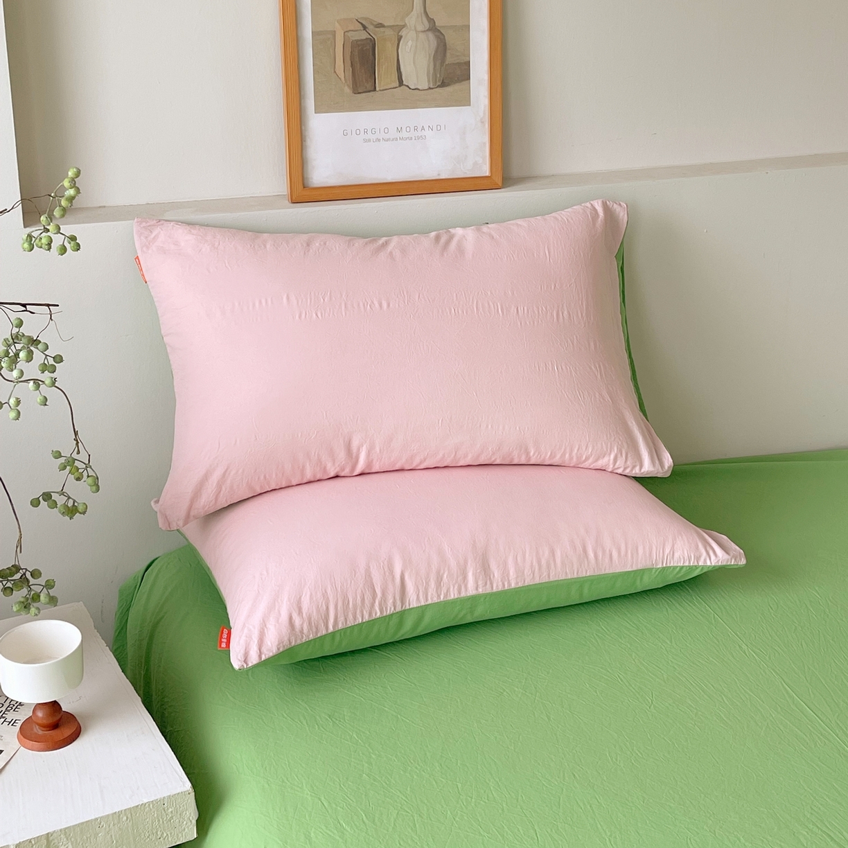 91家纺网 家纺一手货源 找家纺 春皖家纺 2026春夏新款双拼全棉水洗棉单枕套枕套单件单品枕套 樱花粉-青草绿