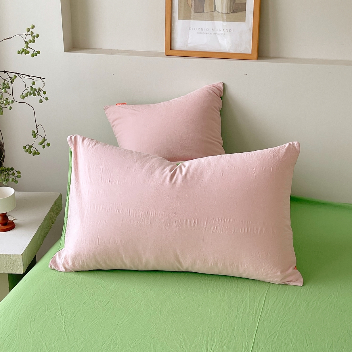 91家纺网 家纺一手货源 找家纺 春皖家纺 2026春夏新款双拼全棉水洗棉单枕套枕套单件单品枕套 樱花粉-青草绿