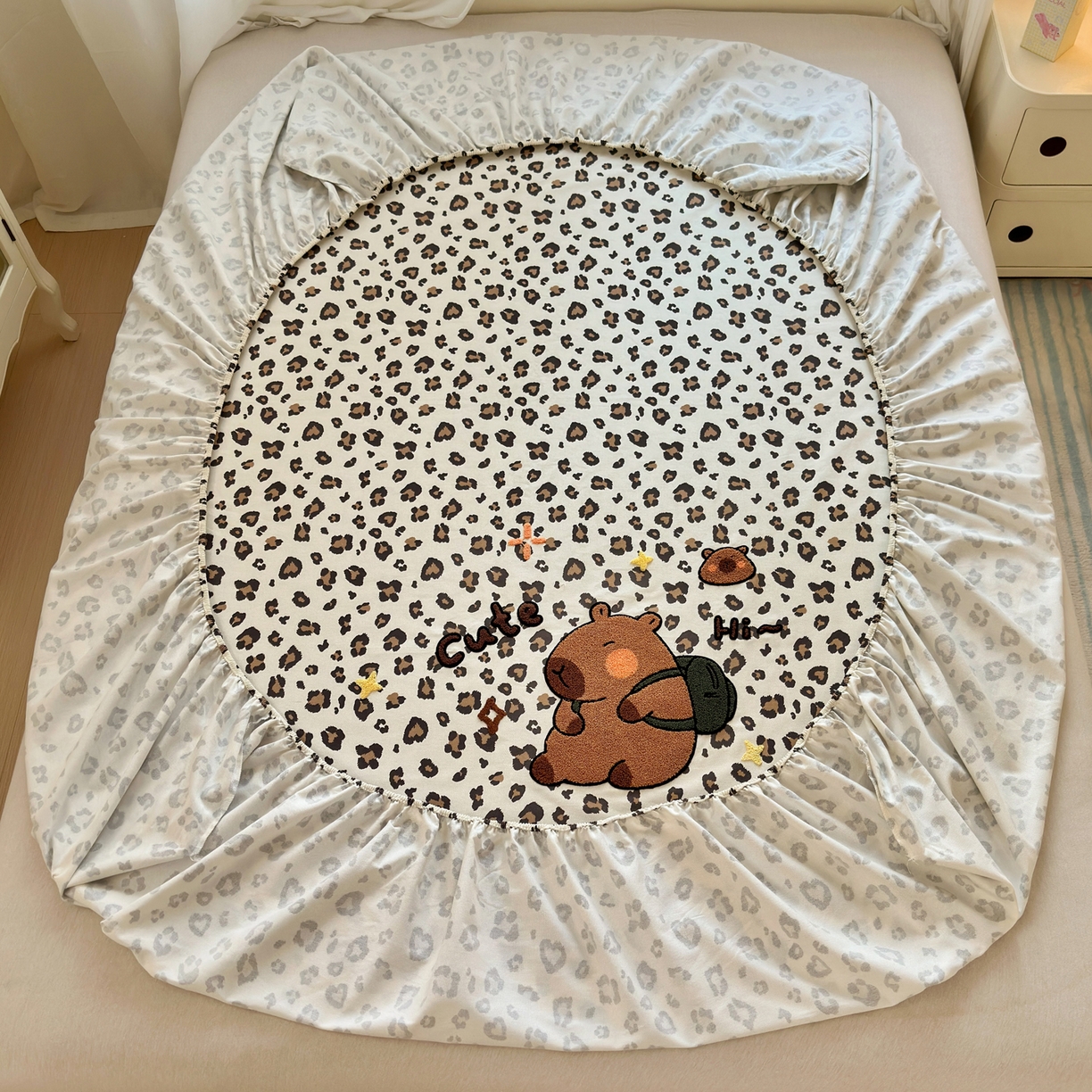 91家纺网 家纺一手货源 找家纺 沐棉家居 2026新款毛巾绣老粗布全棉纯棉床笠单品床笠单件 豹纹巴拉